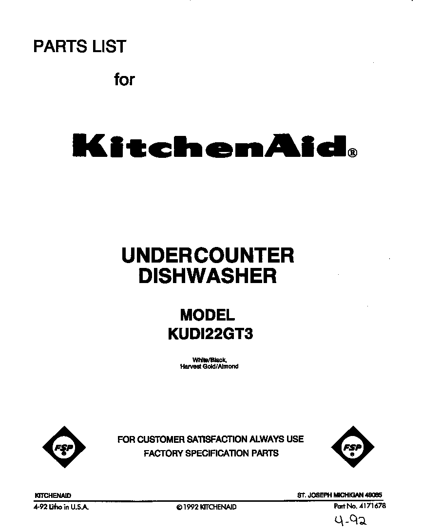KitchenAid KUDI22GT3 front cover diagram