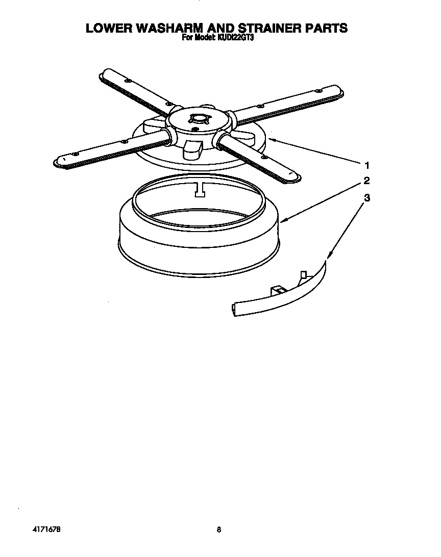 KitchenAid KUDI22GT3 lower washarm and strainer diagram