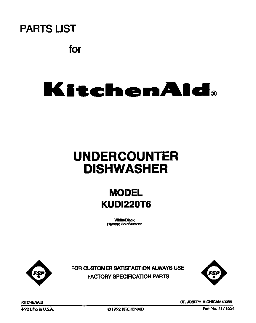 KitchenAid KUDI220T6 front cover diagram