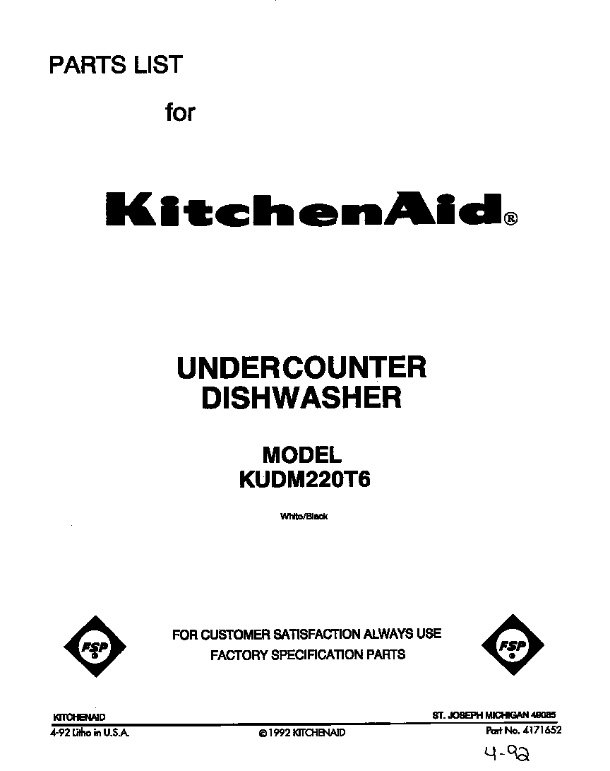 KitchenAid KUDM220T6 front cover diagram