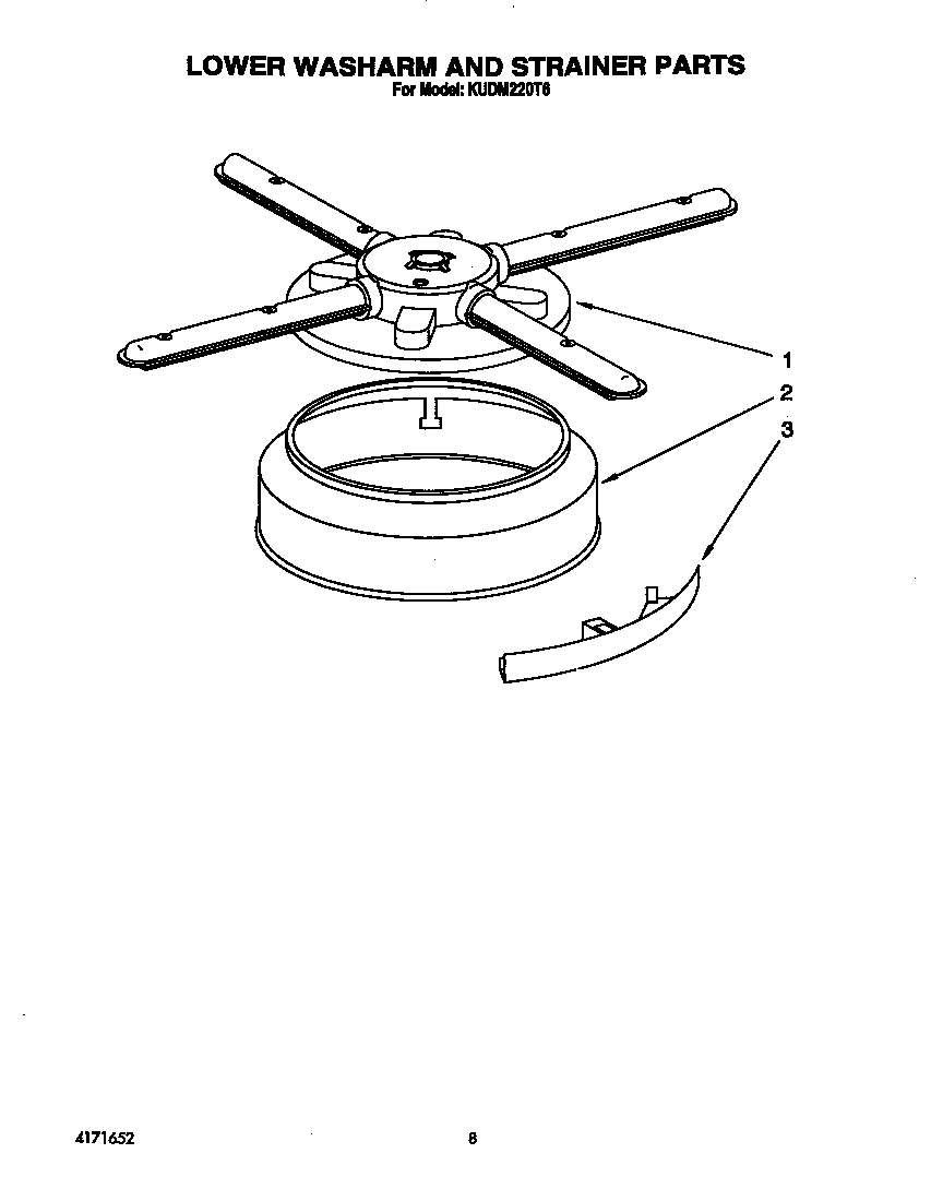 KitchenAid KUDM220T6 lower washarm and strainer diagram