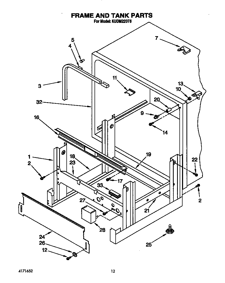 KitchenAid KUDM220T6 frame and tank diagram