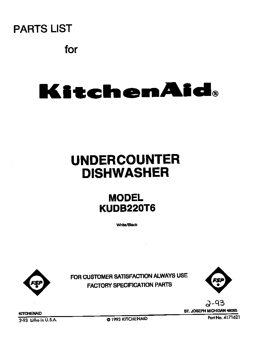 KitchenAid KUDB220T6 front cover diagram
