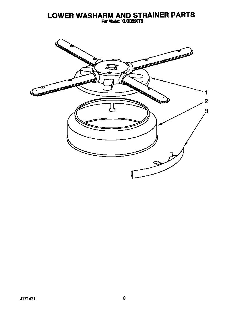 KitchenAid KUDB220T6 lower washarm and strainer diagram