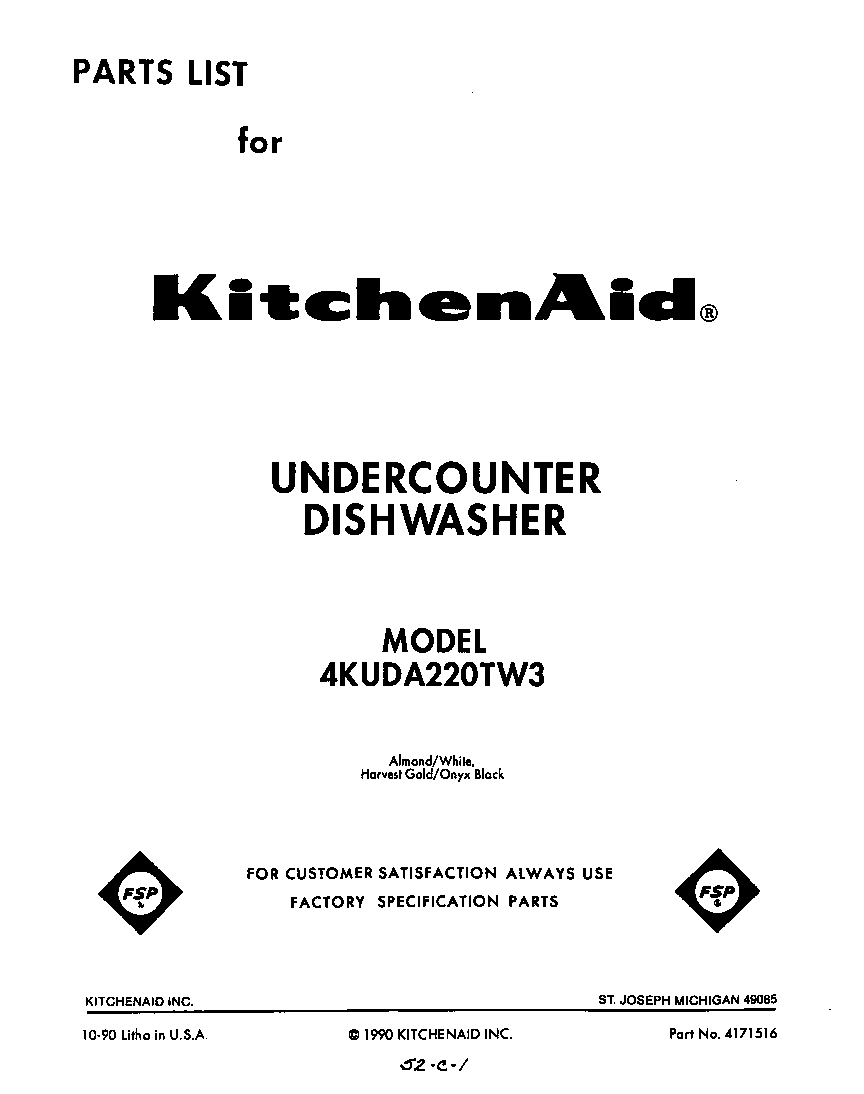 KitchenAid 4KUDA220TW3 front cover diagram