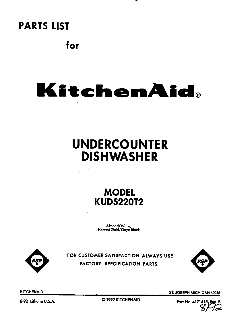 KitchenAid KUDS220T2 front cover diagram