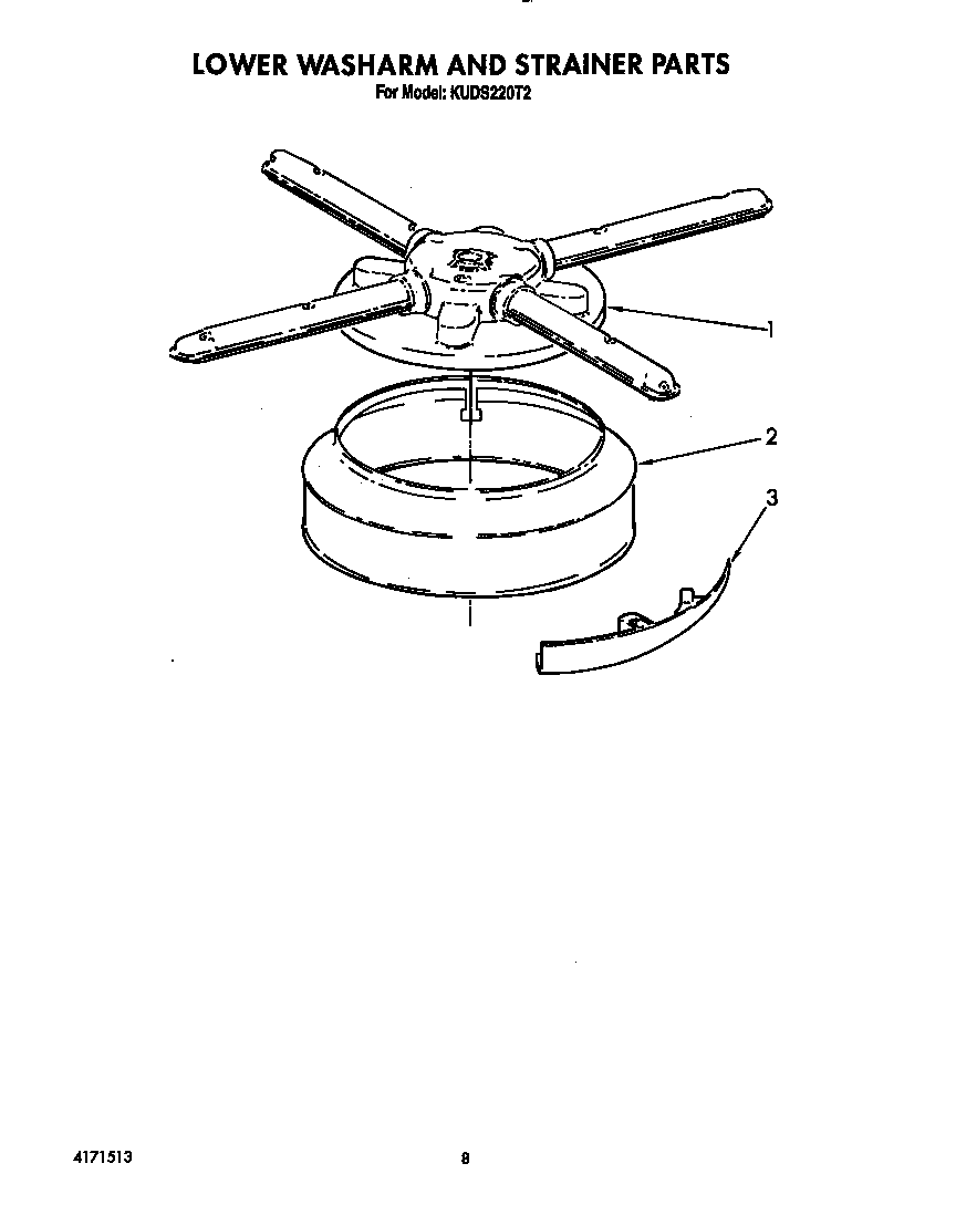 KitchenAid KUDS220T2 lower washarm and strainer diagram