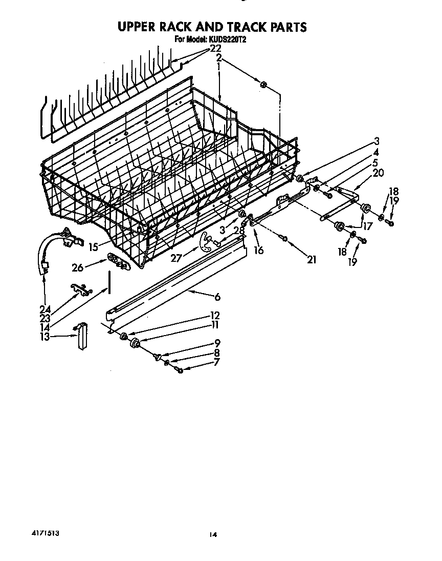 KitchenAid KUDS220T2 upper rack and track diagram