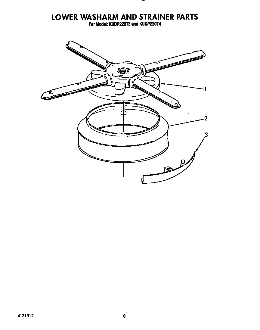KitchenAid KUDP220T3 lower washarm and strainer diagram