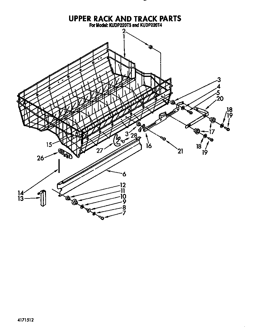 KitchenAid KUDP220T3 upper rack and track diagram