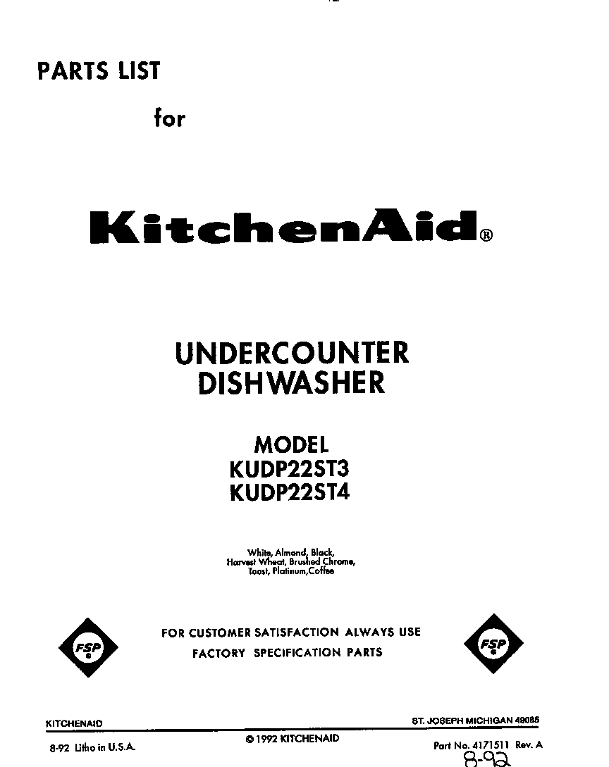 KitchenAid KUDP22ST3 front cover diagram