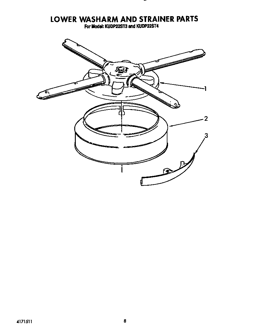 KitchenAid KUDP22ST3 lower washarm and strainer diagram