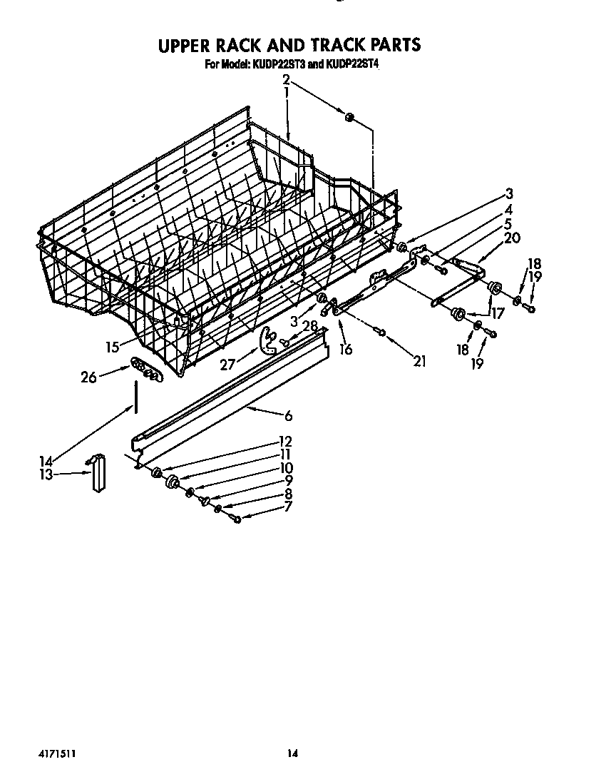 KitchenAid KUDP22ST3 upper rack and track diagram