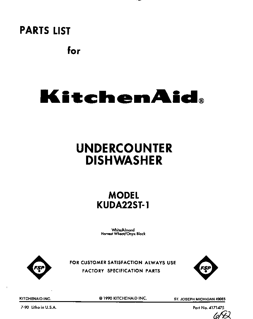 KitchenAid KUDA22ST1 front cover diagram