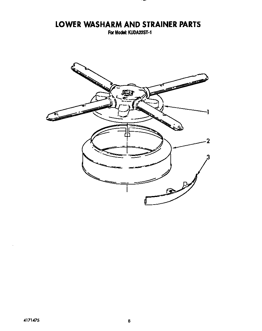 KitchenAid KUDA22ST1 lower washarm and strainer diagram
