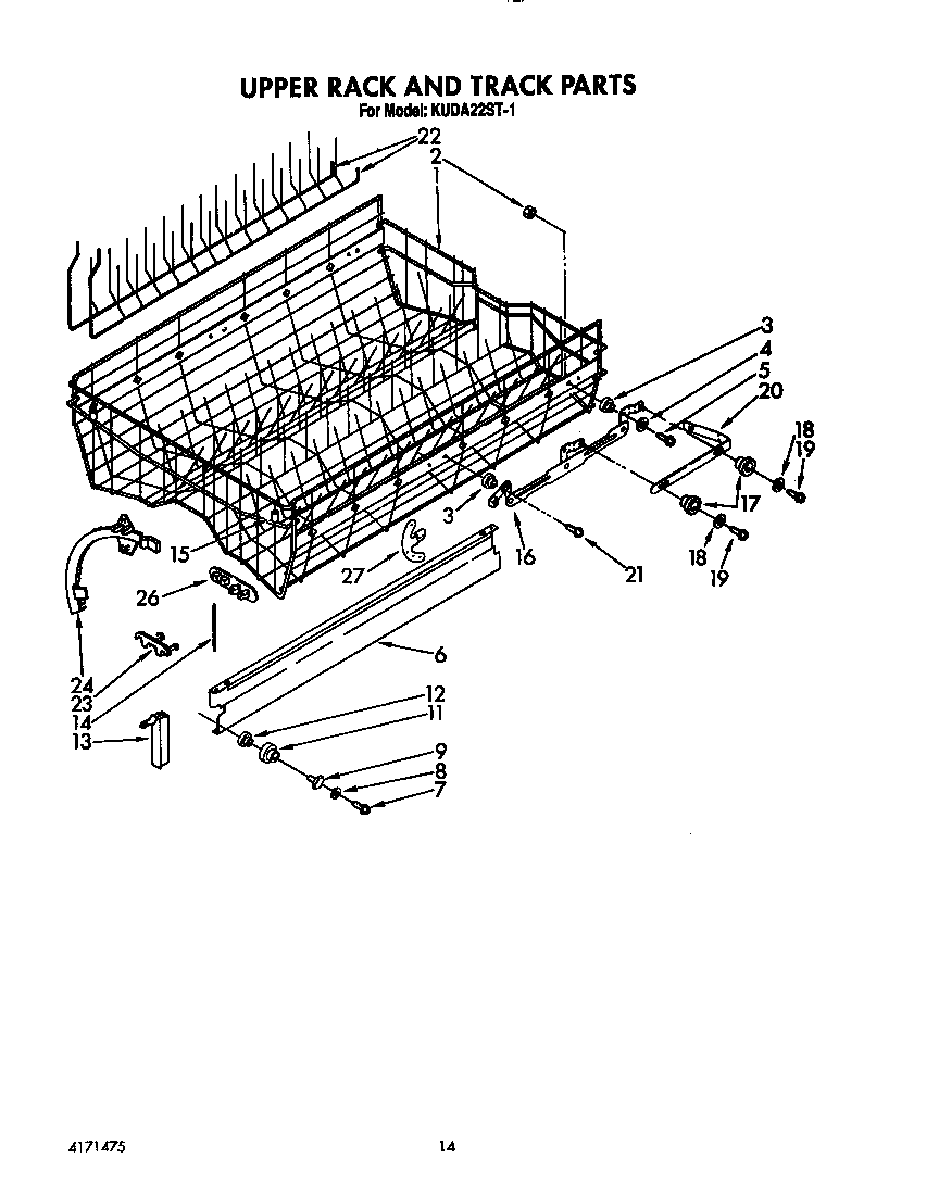 KitchenAid KUDA22ST1 upper rack and track diagram