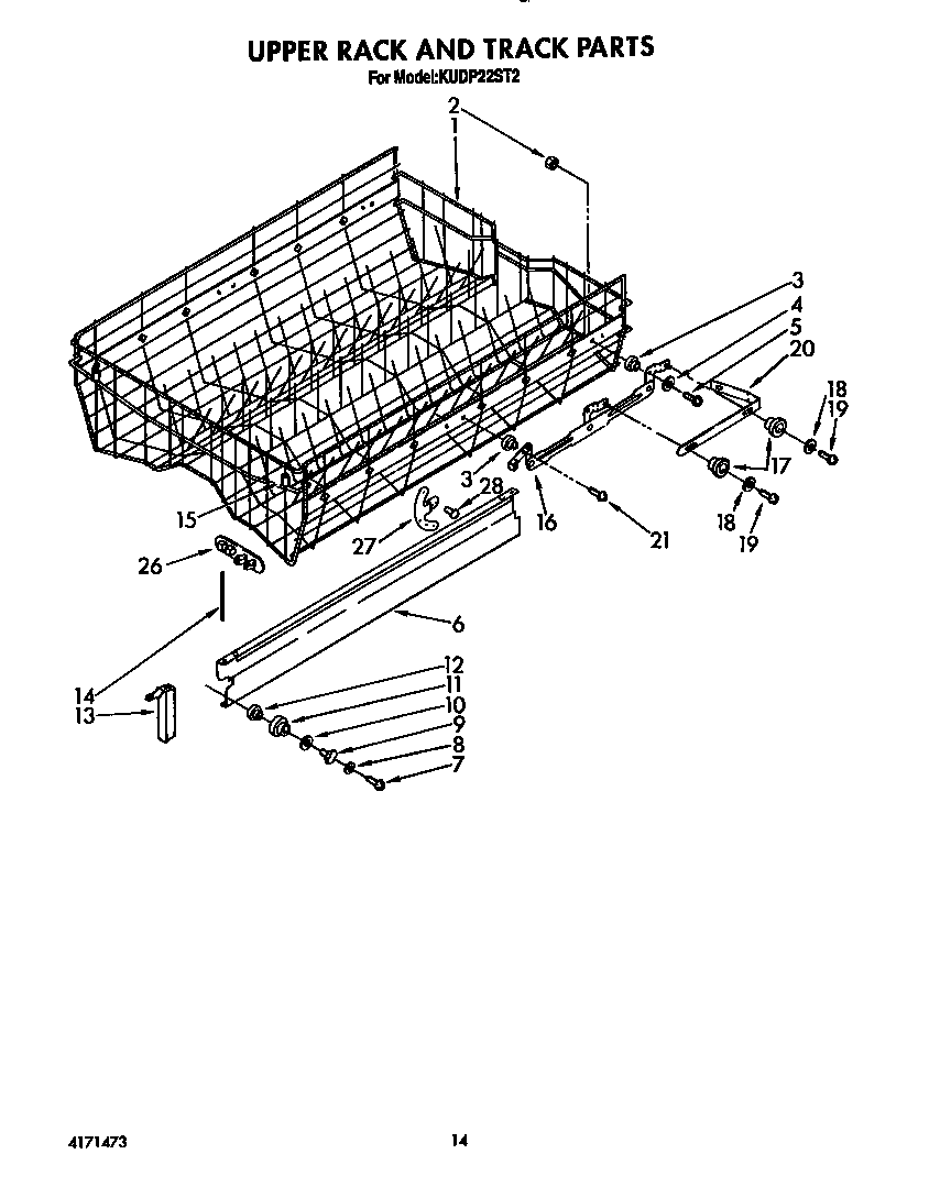 KitchenAid KUDP22ST2 upper rack and track diagram