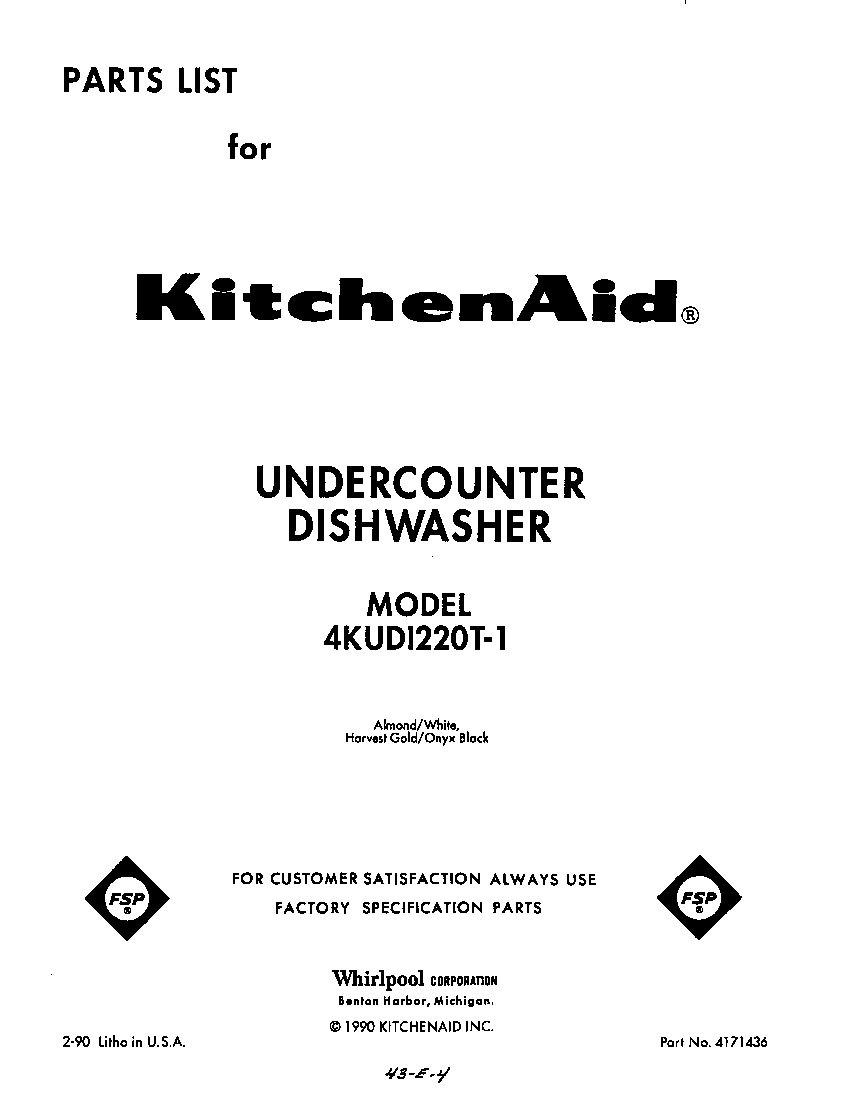 KitchenAid 4KUDI220T1 front cover diagram