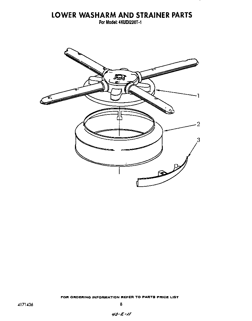 KitchenAid 4KUDI220T1 lower washarm and strainer diagram