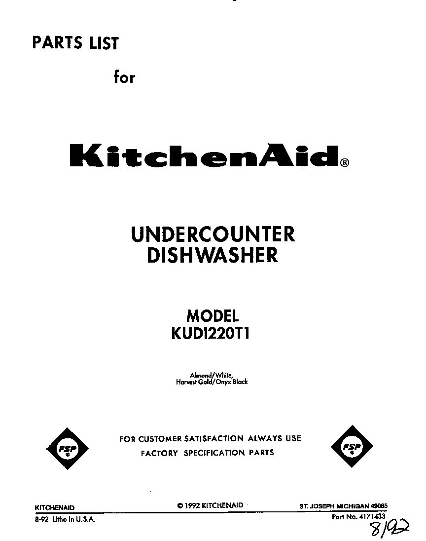 KitchenAid KUDI220T1 front cover diagram