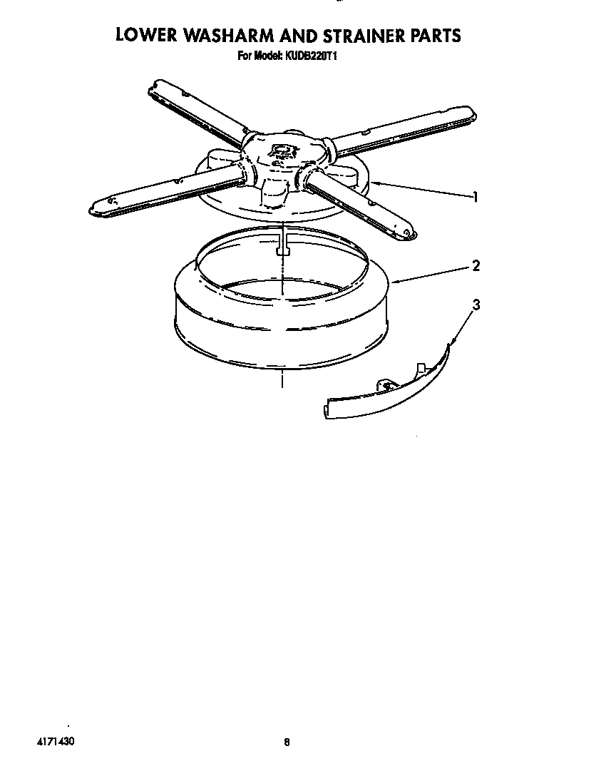 KitchenAid KUDB220T1 lower washarm and strainer diagram