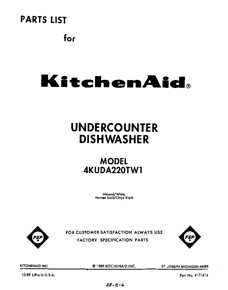KitchenAid 4KUDA220TW1 front cover diagram