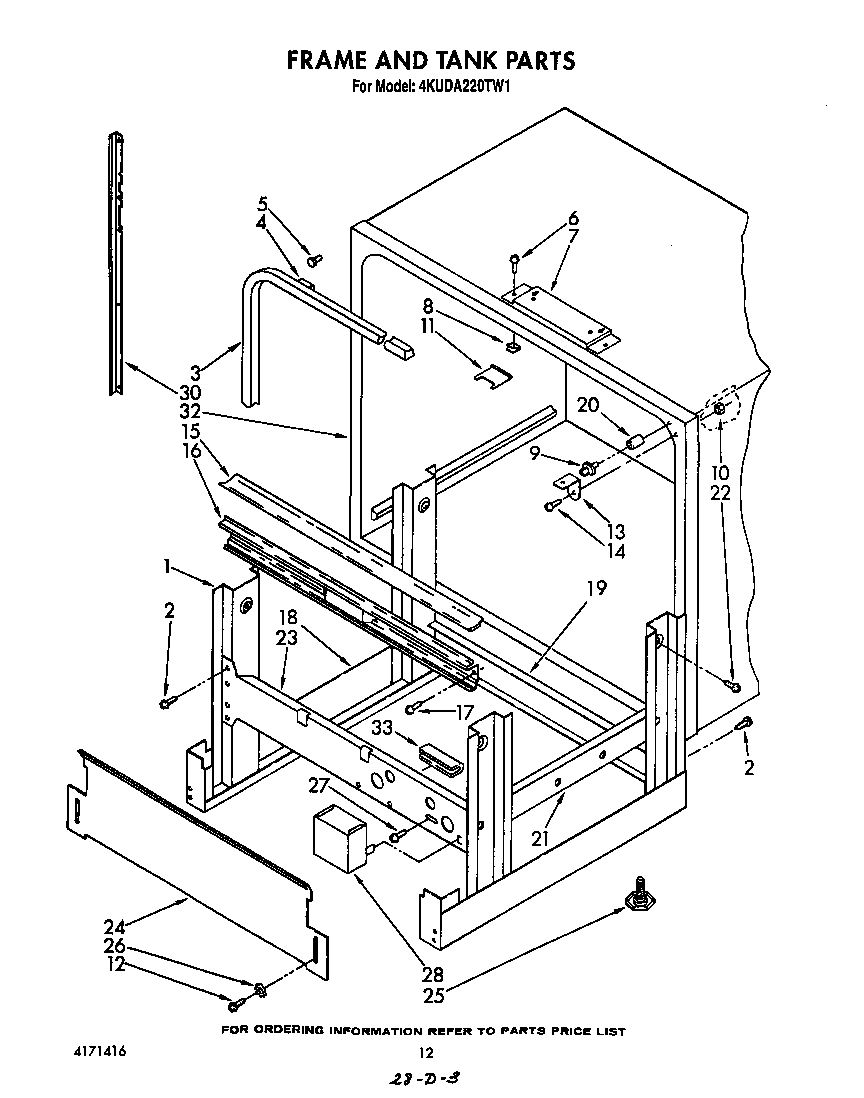 KitchenAid 4KUDA220TW1 frame and tank diagram