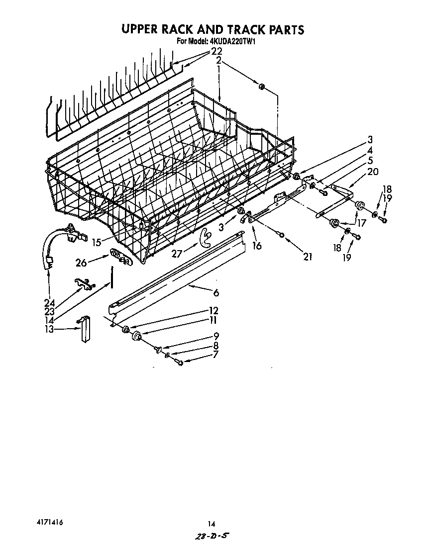 KitchenAid 4KUDA220TW1 upper rack and track diagram