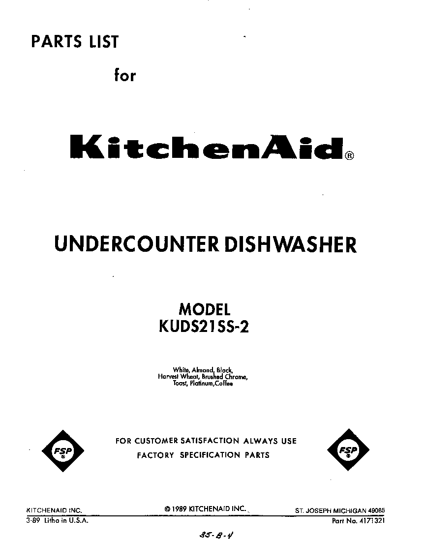 KitchenAid KUDS21SS2 front cover diagram