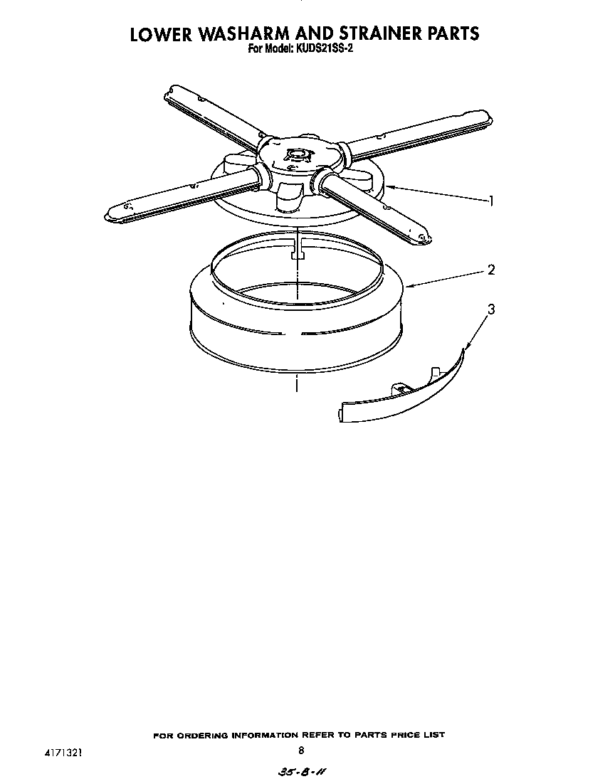 KitchenAid KUDS21SS2 lower wash arm and strainer diagram