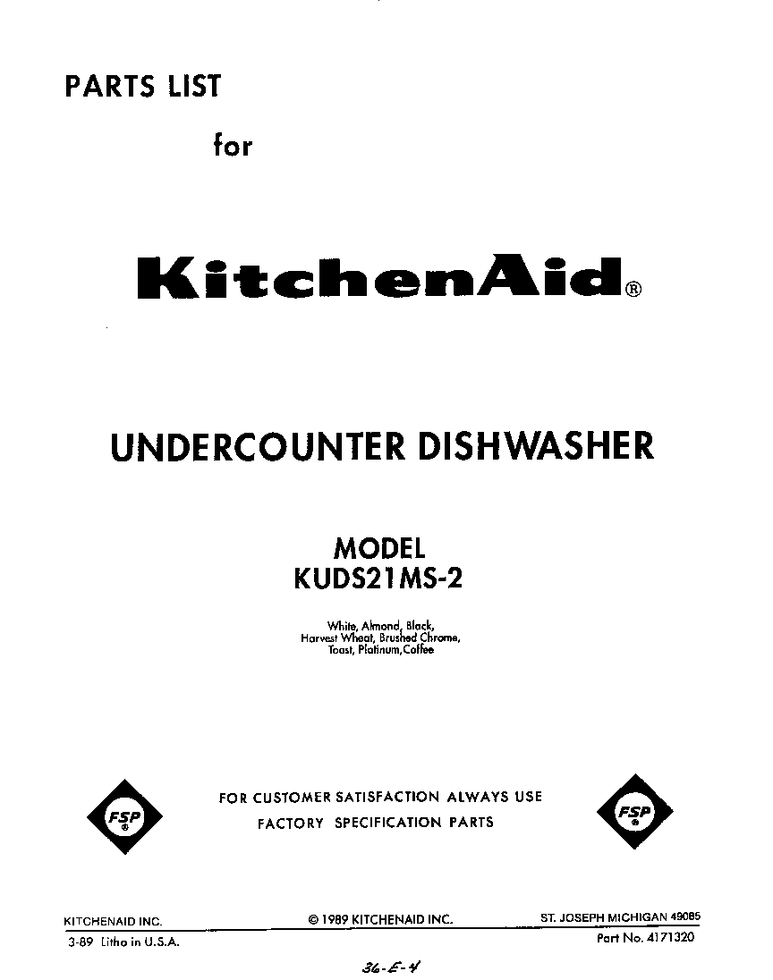 KitchenAid KUDS21MS2 front cover diagram