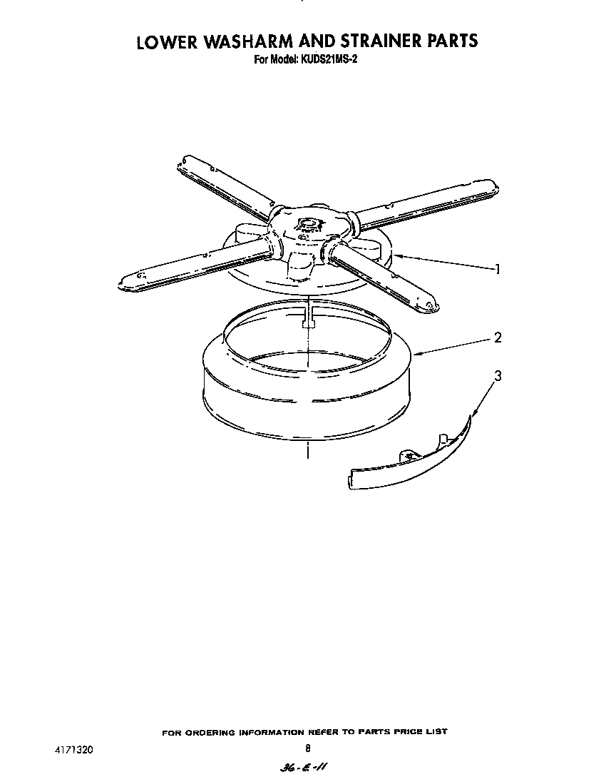 KitchenAid KUDS21MS2 lower wash arm and strainer diagram