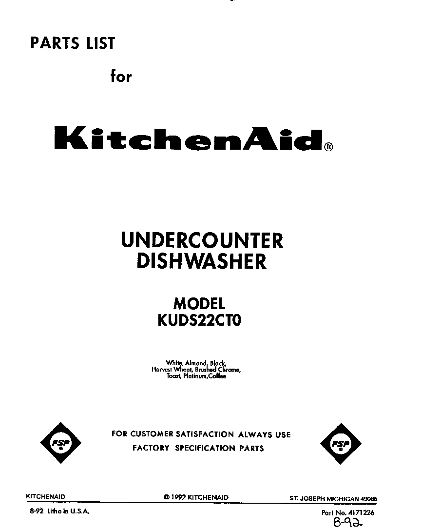 KitchenAid KUDS22CT0 front cover diagram