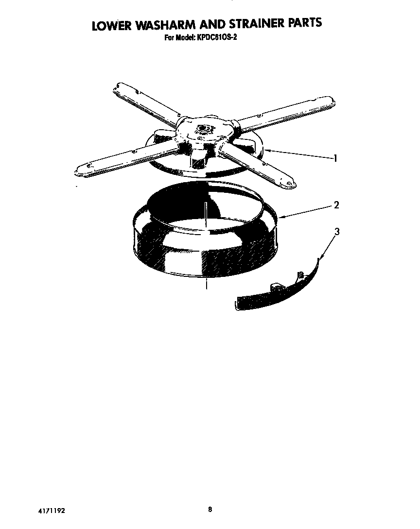 KitchenAid KPDC610S2 lower washarm and strainer diagram