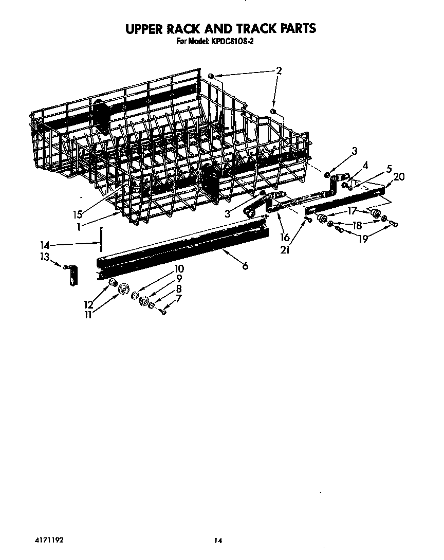 KitchenAid KPDC610S2 upper rack and track diagram