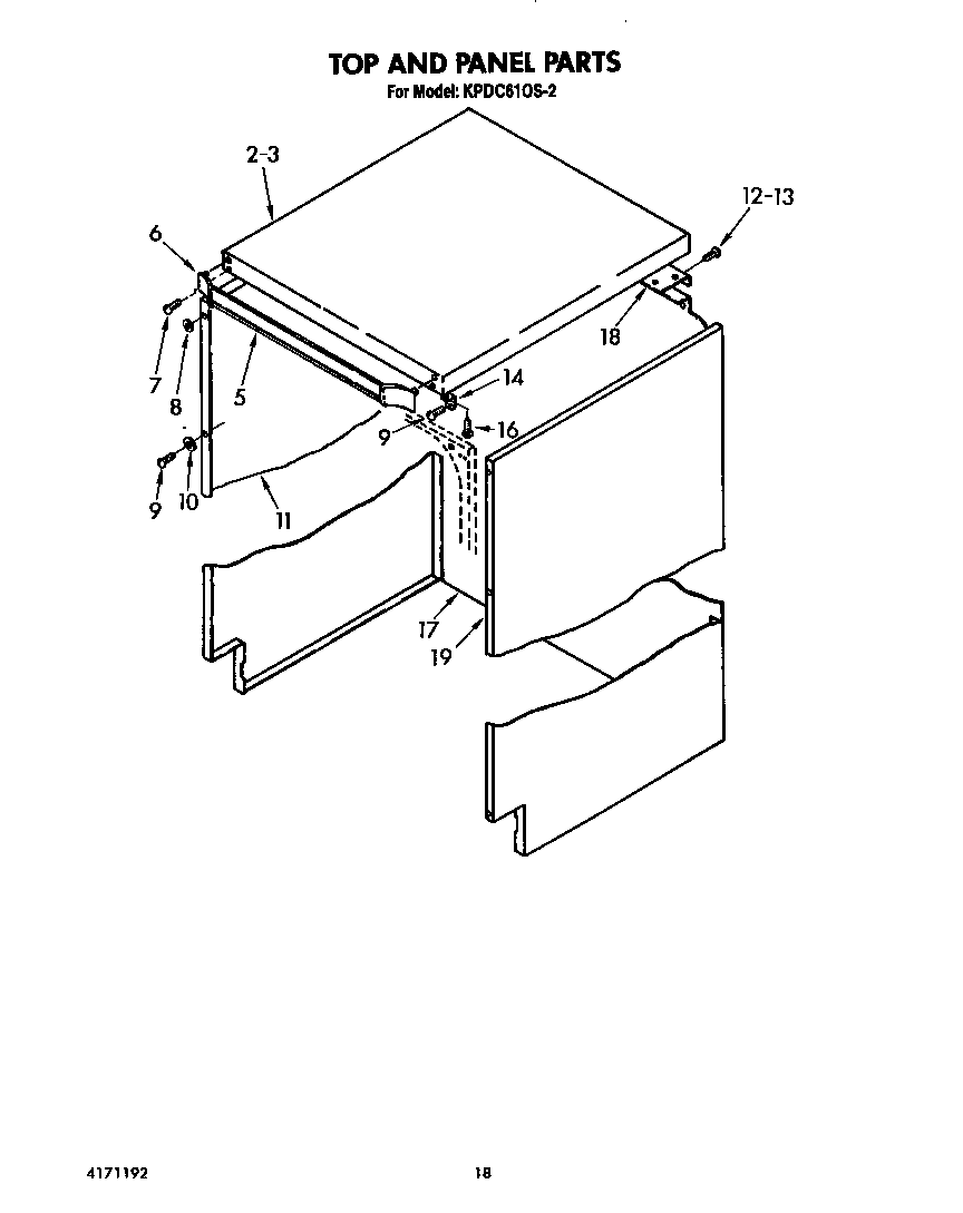 KitchenAid KPDC610S2 top and panel diagram