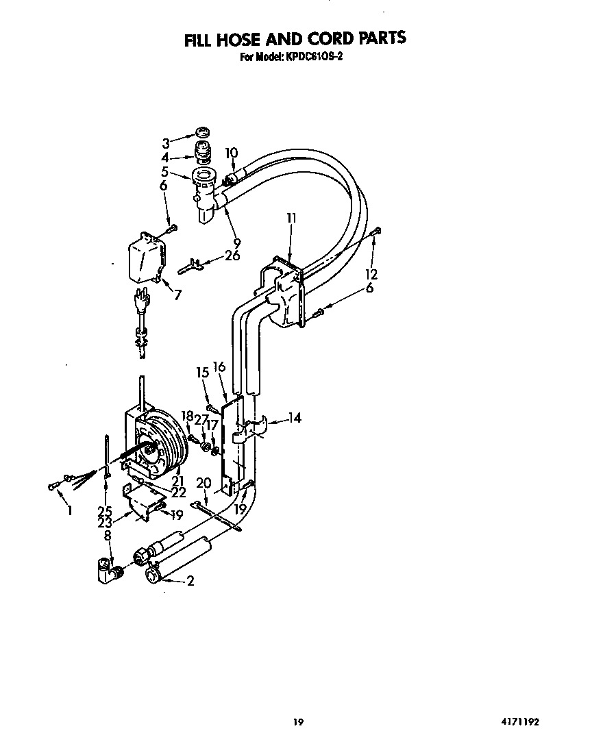 KitchenAid KPDC610S2 fill hose and cord diagram