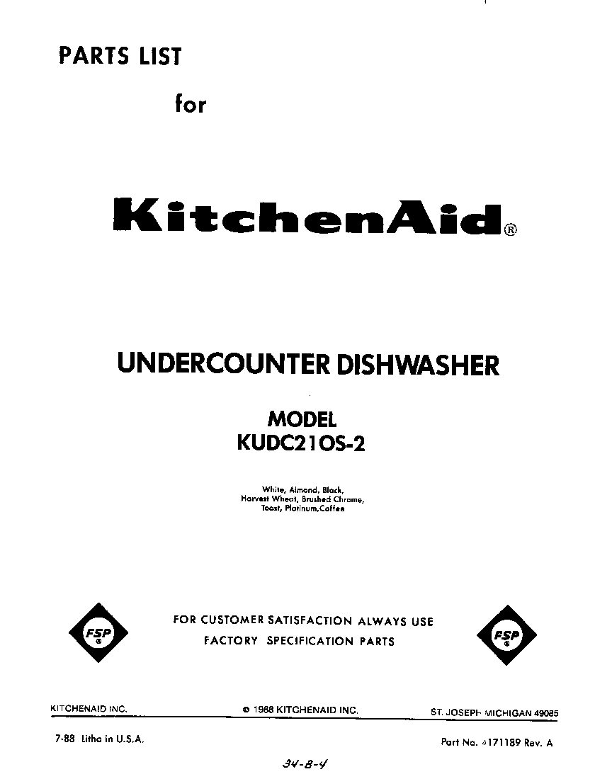 KitchenAid KUDC210S2 front cover diagram