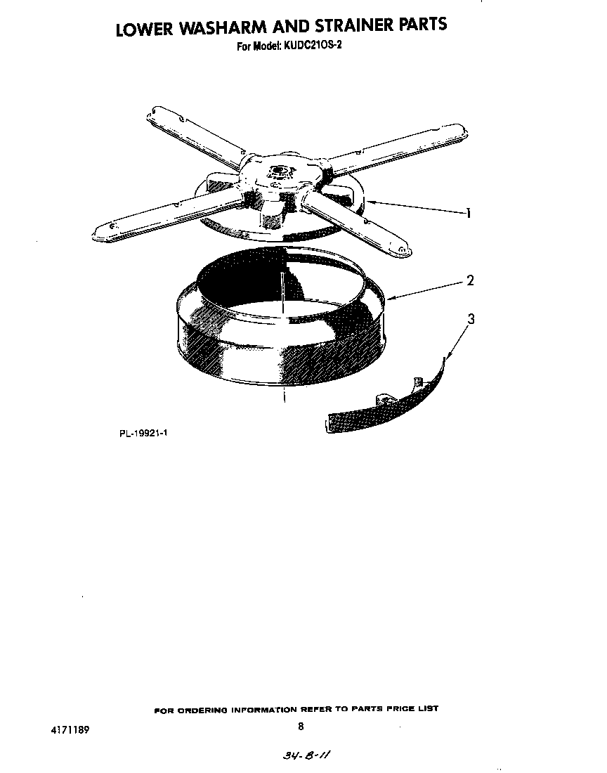 KitchenAid KUDC210S2 lower wash arm and strainer diagram
