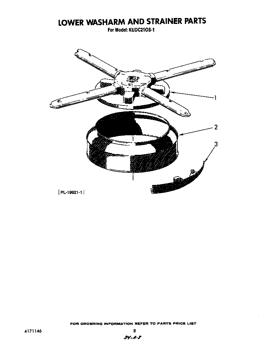 KitchenAid KUDC210S1 lower washarm and strainer diagram