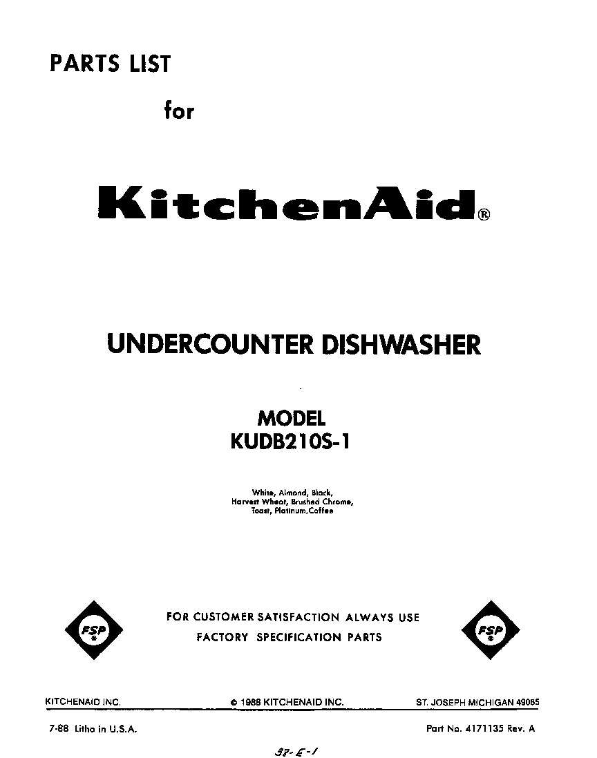 KitchenAid KUDB210S1 front cover diagram