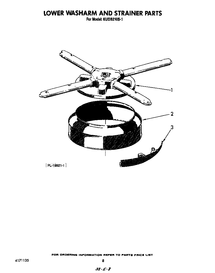 KitchenAid KUDB210S1 lower washarm and strainer diagram