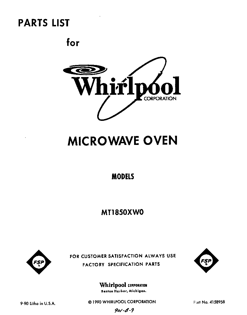 Whirlpool MT1850XW0 front cover diagram