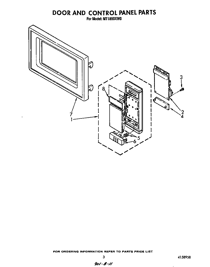 Whirlpool MT1850XW0 door and control panel diagram