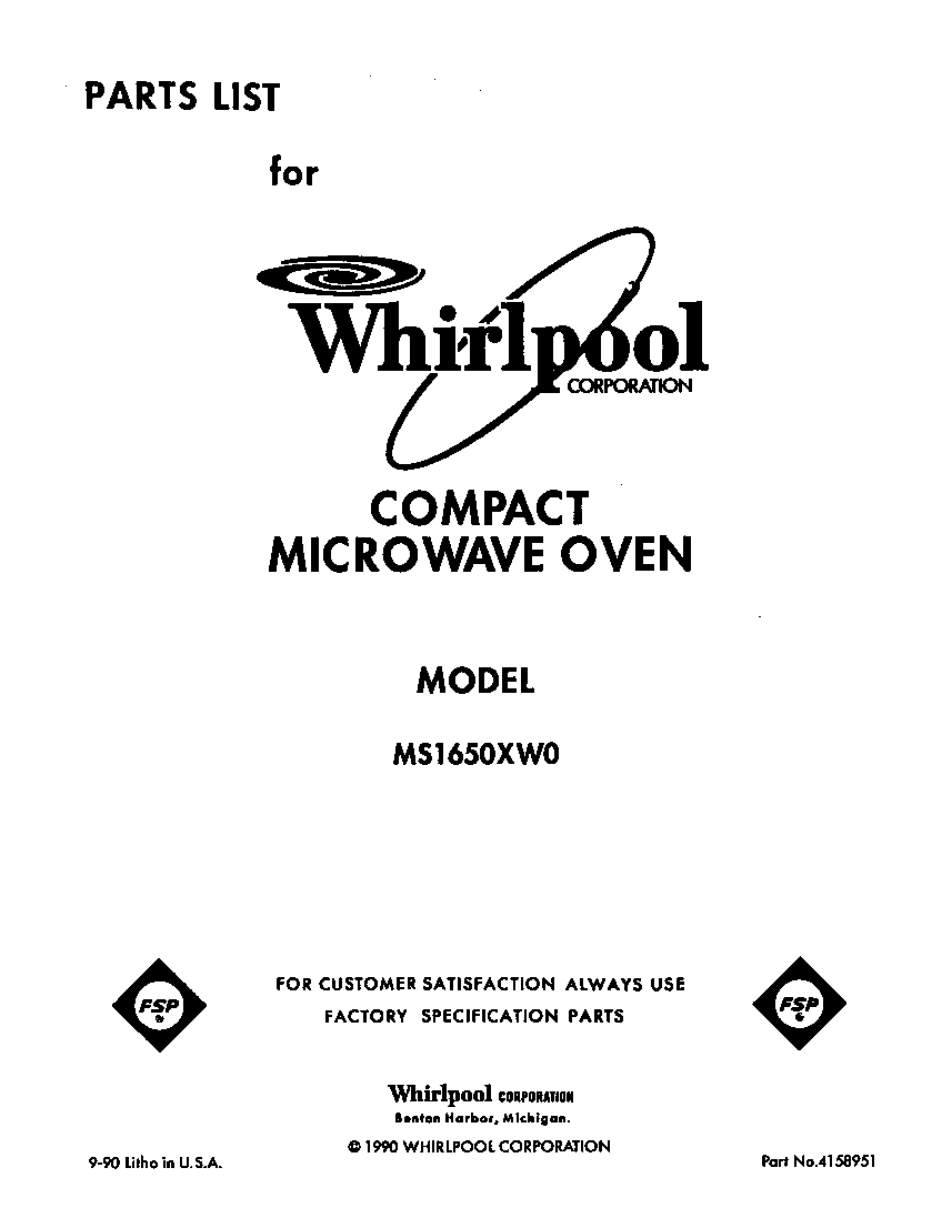 Whirlpool MS1650XW0 front cover diagram