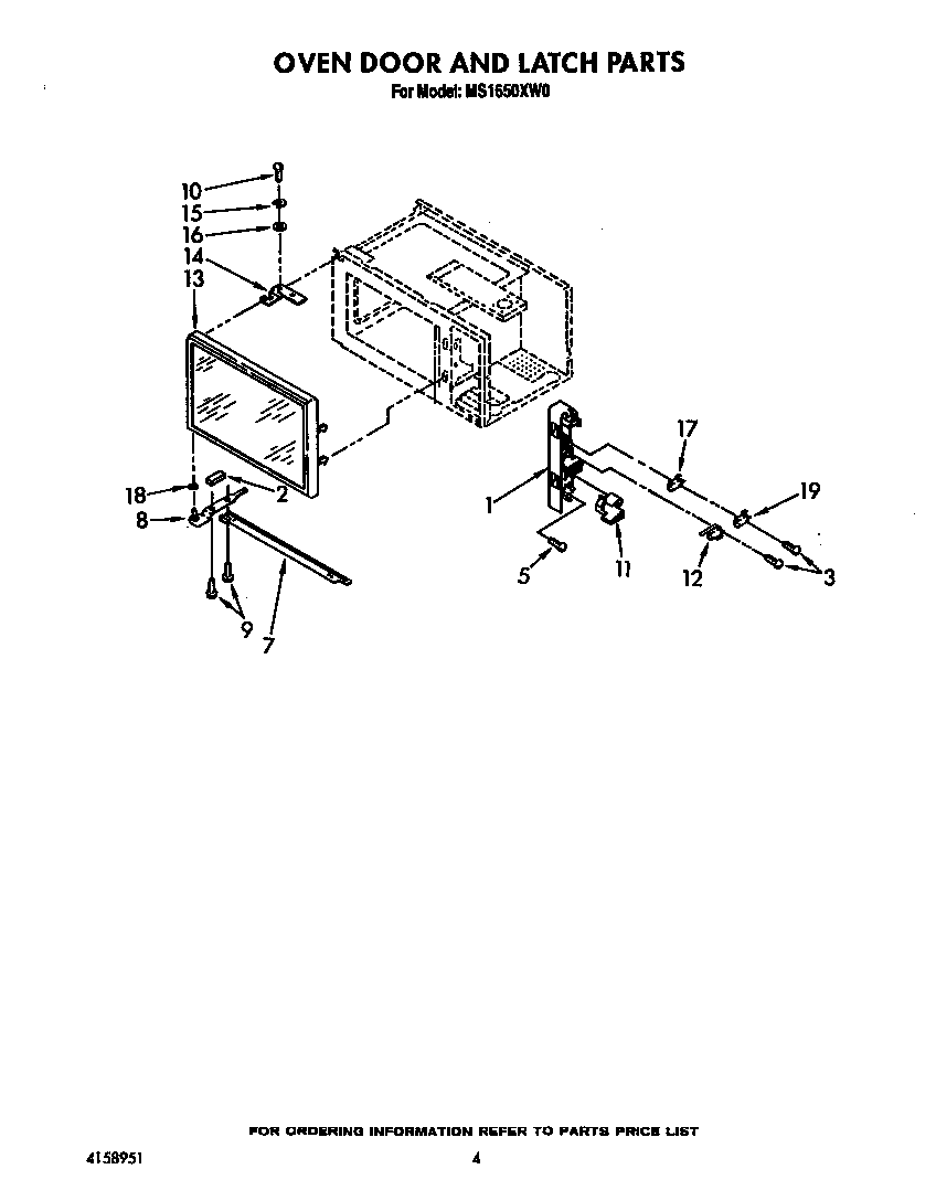 Whirlpool MS1650XW0 oven door and latch diagram