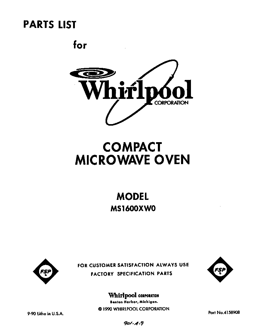 Whirlpool MS1600XW0 front cover diagram