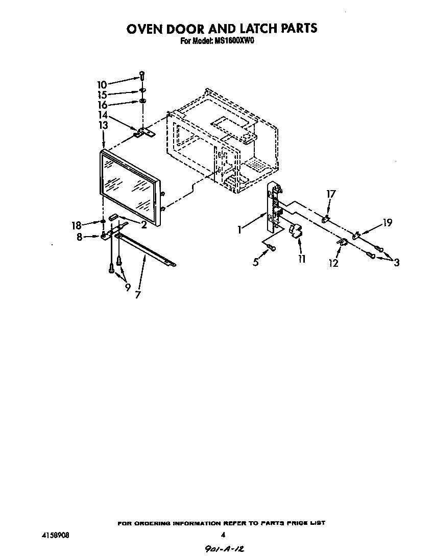 Whirlpool MS1600XW0 oven door and latch diagram