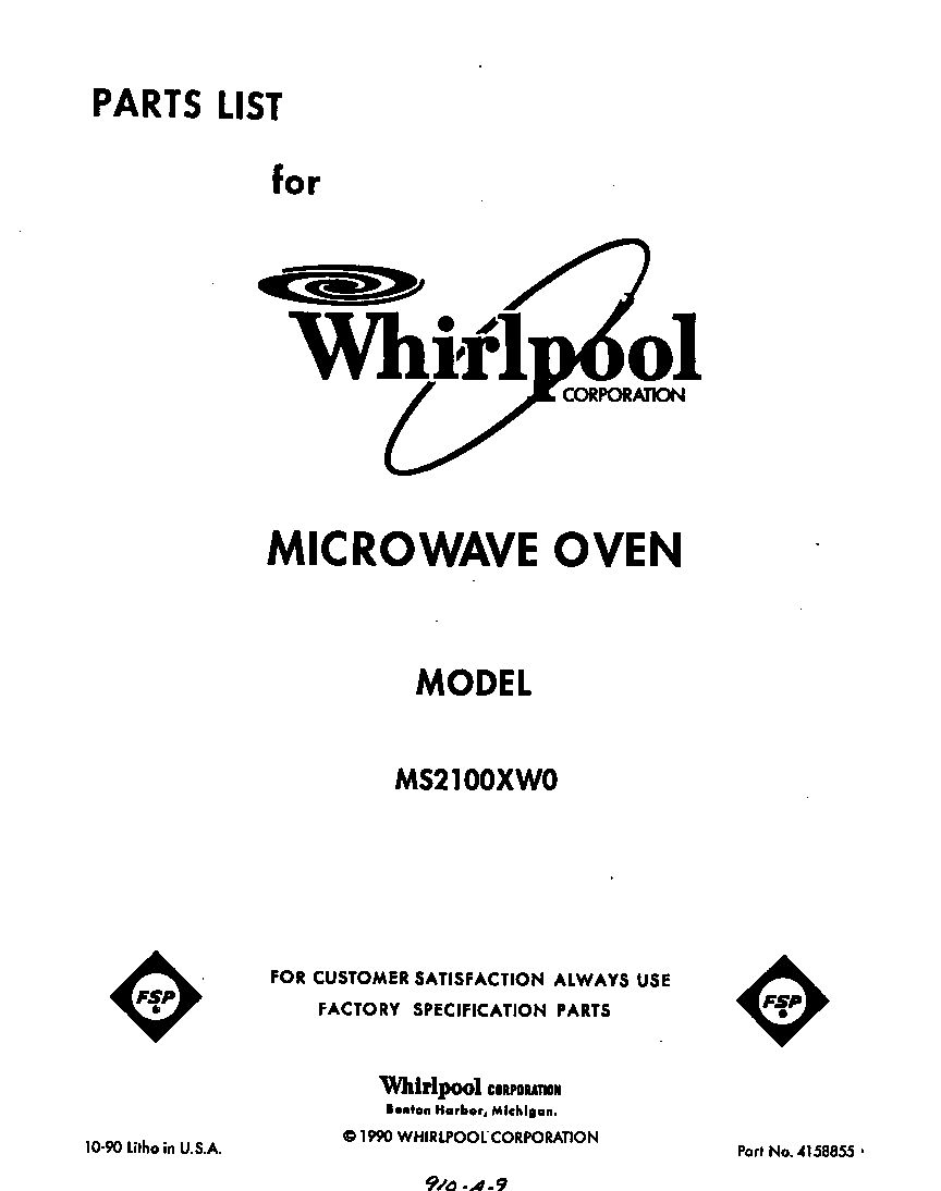 Whirlpool MS2100XW0 front cover diagram