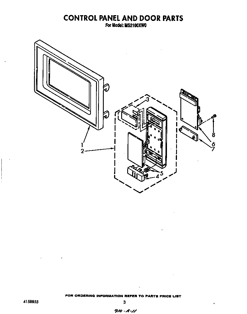 Whirlpool MS2100XW0 control panel and door diagram